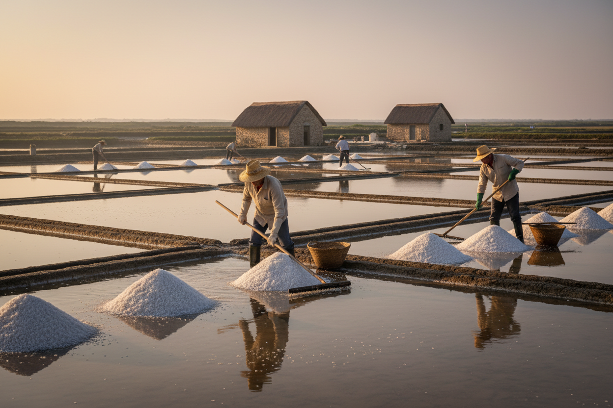 Salt collectors harvesting sea salt in Guérande